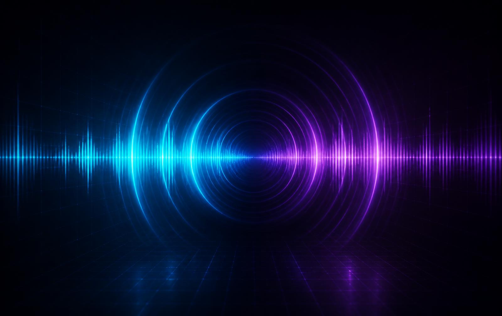 Abstrakt visualisering av röstvågor i cyan och violett